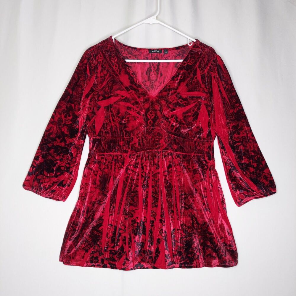 Apt 9 Burnout Velvet Top Women Medium Red Abstract Floral Vneck 3/4 Y2K Whimsy